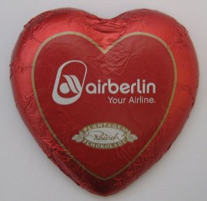 Schokoherz von airberlin, hergestellt von Rausch Plantagen Schokolade