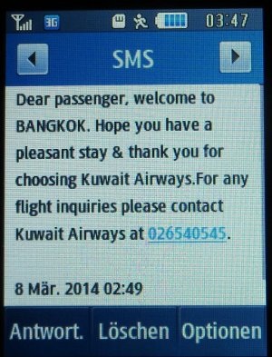 Kuwait Airways, SMS nach dem Flug auf einem Samsung GT–S3370