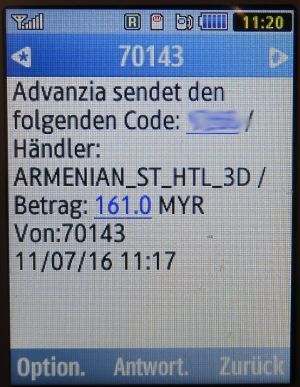 SMS auf einem Samsung GT–C3590, SMS von Advanzia mit 4–stelliger mTAN / SMS–Code