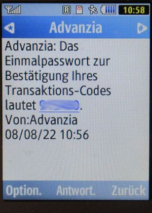 SMS auf einem Samsung GT–C3590, SMS von Advanzia Einmalpasswort Transaktions-Code