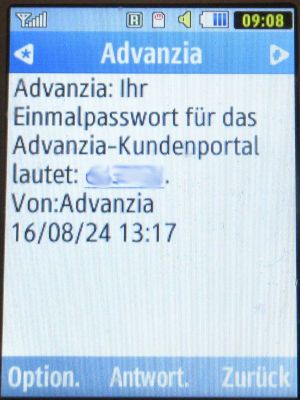 SMS auf einem Samsung GT–C3590, SMS von Advanzia mit 6–stelligen Einmalpasswort