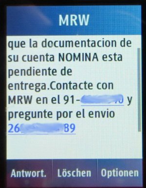 ING Direct, Spanien, Info SMS von MRW auf einem Samsung GT–C3300K
