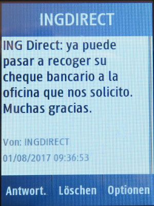 ING Direct, Spanien, Info SMS von ING Direct auf einem Samsung GT–C3300K