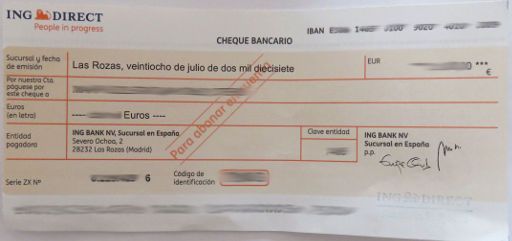 ING Direct, Spanien, Scheck / Cheque Bancario