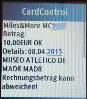 Miles & More Credit Card White MasterCard® Lufthansa®, SMS beim Zahlung im Ausland auf einem Samsung GT–C3300K
