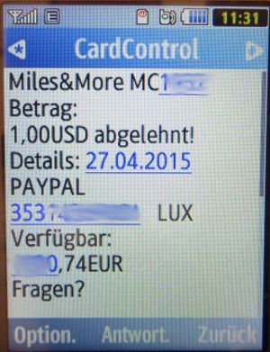 Miles & More Credit Card White MasterCard® Lufthansa®, SMS bei abgelehnter Zahlung auf einem Samsung GT–C3590