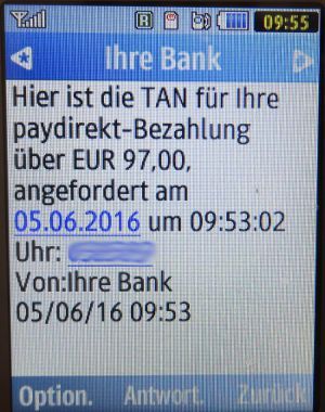 SMS auf einem Samsung GT–C3590, ING–DiBa mit der TAN für die paydirekt Bezahlung