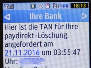 SMS auf einem Samsung GT–C3590, ING–DiBa mit der TAN für die paydirekt Löschung