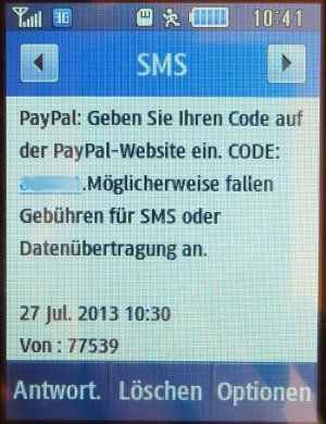 SMS von PayPal™ im Juli 2013 um die Mobiltelefonnummer zu überprüfen