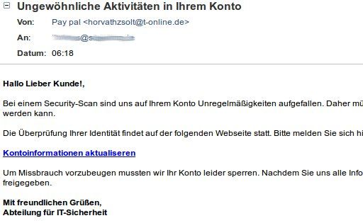 Phishing e–mail im September 2014 von horvathzsolt@t-online.de