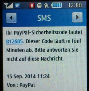 SMS von PayPal™ im September 2014 mit dem PayPal–Sicherheitscode