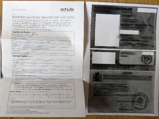 SCHUFFA Bestellformular, Kopie Personalausweis und spanische Aufenthaltsgenehmigung (NIE)