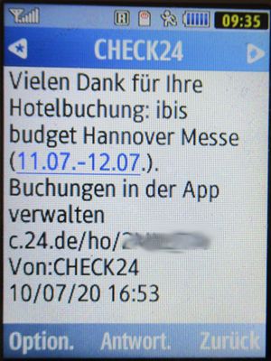 ibis budget Hannover Messe, Laatzen, Deutschland, CHECK24 SMS Bestätigung Hotelbuchung auf einem Samsung GT–C3590