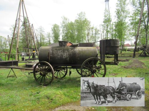 Deutsches Erdölmuseum Freigelände, Wietze, Deutschland, Tankwagen ab 1900 und Ölabscheider im Hintergrund