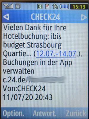 ibis budget Strasbourg Palais des Congrès, Straßburg, Frankreich, CHECK24 SMS Bestätigung Hotelbuchung auf einem Samsung GT–C3590