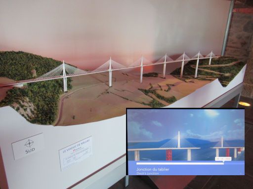 Viaduc de Millau, Informationszentrum, Millau, Frankreich, Modell der Brücke und Animation Baufortschritt