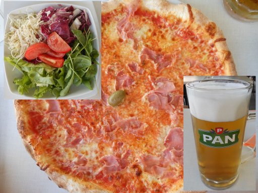 Opatija, Kroatien, Pizza mit Salat und Bier in der Pizzeria Moho in Volosko