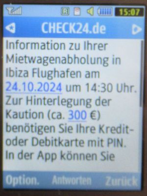 Budget® Spanien, SMS von CHECK24 im Oktober 2024 auf einem Samsung GT–C3590 Mobiltelefon