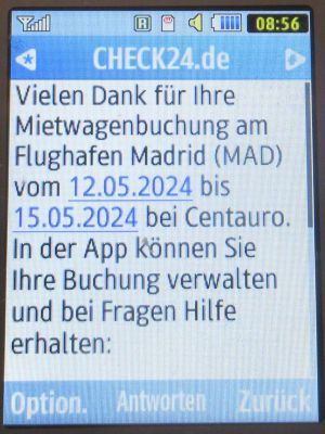 CHECK24, SMS im Mai 2024 Bestätigung Mietwagenbuchung auf einem Samsung GT–C3590