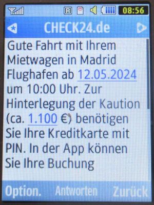 SMS CHECK24, SMS im Mai 2024 Erinnerung Kaution Kreditkarte auf einem Samsung GT–C3590