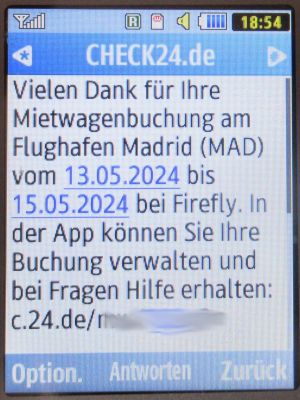 Firefly™ Car Rental, Spanien, SMS von CHECK24 auf einem Samsung GT–C3590 Mobiltelefon