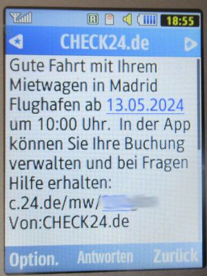 Firefly™ Car Rental, Spanien, SMS von CHECK24 auf einem Samsung GT–C3590 Mobiltelefon