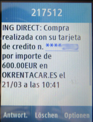 OK RENT A CAR®, Spanien, SMS der ING Direct MasterCard® mit Kauf Mitteilung 600.00 EUR