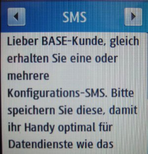BASE prepaid SIM Karte, SMS mit Hinweis auf Konfigurations–SMS