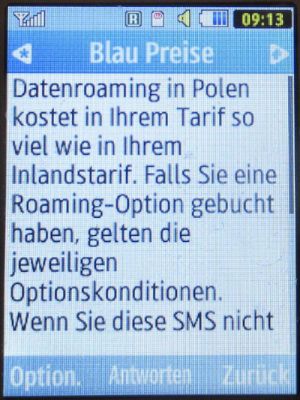 Blau, SMS auf einem Samsung Samsung GT–C3590 mit Meldung Datenroaming in Polen August 2024