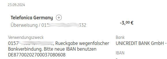 Blau, Überweisung 3,– € im September 2024 Rückgabe wegen neuer IBAN