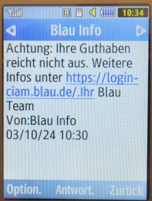 Blau, SMS auf einem Samsung GT–C3590 mit Hinweis Guthaben reicht nicht aus (falsche Meldung)