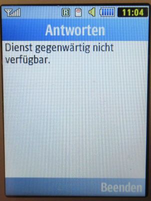 Blau, SMS auf einem Samsung GT–C3590 mit Hinweis Guthaben Dienst gegenwärtig nicht verfügbar