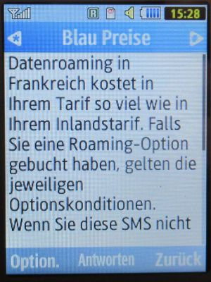 Blau, SMS auf einem Samsung GT–S3370 mit Meldung Datenroaming in Frankreich August 2024