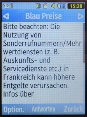 Blau, SMS auf einem Samsung GT–S3370 mit Meldung Sonderrufnummern in Frankreich August 2024
