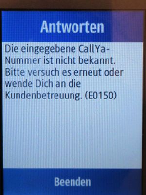 LIDL Connect, CallYa-Nummer ist nicht bekannt, Meldung auf eine Samsung Rex80 GT-S5220R