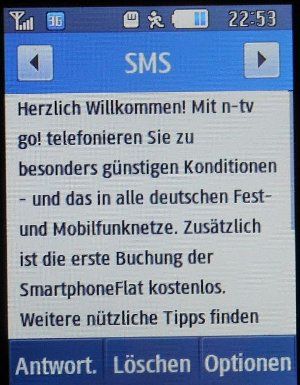n–tv go! prepaid SIM Karte, Meldung der Freischaltung auf einem Samsung GT S–3370