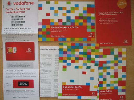 Vodafone CallYa, Starter Paket, mit kleiner Bedienungsanleitung, allgemeinen Geschäftsbedingungen, Auszug der Preisliste, Werbung für CallYa Tarife und Optionen