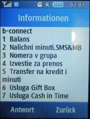 b–connect GLOBUL, prepaid UMTS SIM Karte, Bulgarien, b–connect Menü