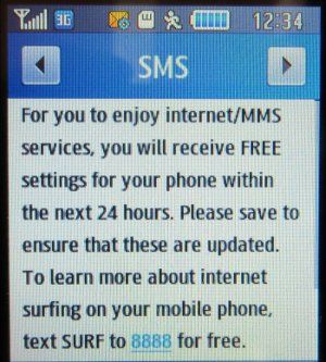 Globe™, prepaid UMTS SIM Karte, Philippinen, SMS mit Ankündigung der Konfigurations SMS