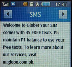 Globe™, prepaid UMTS SIM Karte, Philippinen, Nachricht nach der Aktivierung