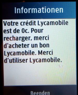 Lycamobile PLUS prepaid SIM Karte, Belgien, Startguthaben Anzeige auf einem Samsung GT–C3300K