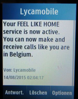 Lycamobile PLUS prepaid SIM Karte, Belgien, SMS mit Roaming Info in Spanien auf einem Samsung GT–C3300K