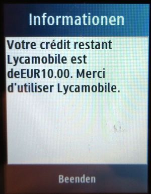 Lycamobile PLUS prepaid SIM Karte, Belgien, Guthaben Anzeige auf einem Samsung GT–C3300K