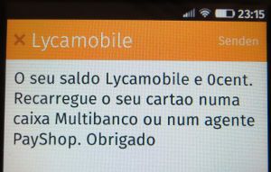 Lycamobile prepaid SIM Karte, Portugal, Startguthaben Anzeige auf einem ZTE Open C