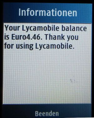 Lycamobile prepaid SIM Karte, Portugal, Anzeige Kontostand auf einem Samsung GT–C3300K