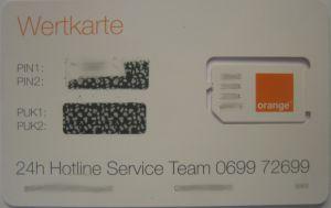 orange™, Wertkarte, prepaid UMTS SIM Karte, Österreich, SIM Karte im Kunststoffkartenhalter Rückseite