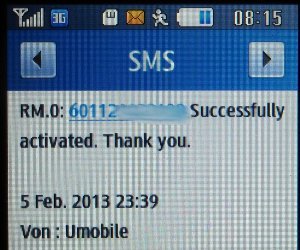 u mobile prepaid SIM Karte Malaysia, SMS mit Bestätigung der Aktivierung
