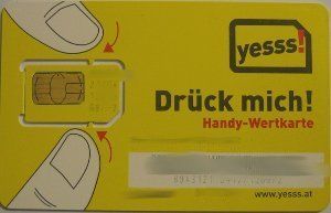 yesss!, prepaid UMTS SIM Karte, Österreich, SIM Karte mit Kunststoffkarte Rückseite