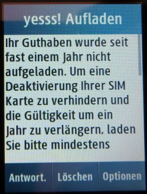 yesss!, prepaid UMTS SIM Karte, Österreich, yesss! Aufladen Information auf einem Samsung GT–C3300K