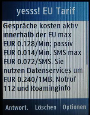 yesss!, prepaid UMTS SIM Karte, Österreich, Roaming Info SMS 2016 Deutschland auf einem Samsung GT–C3300K